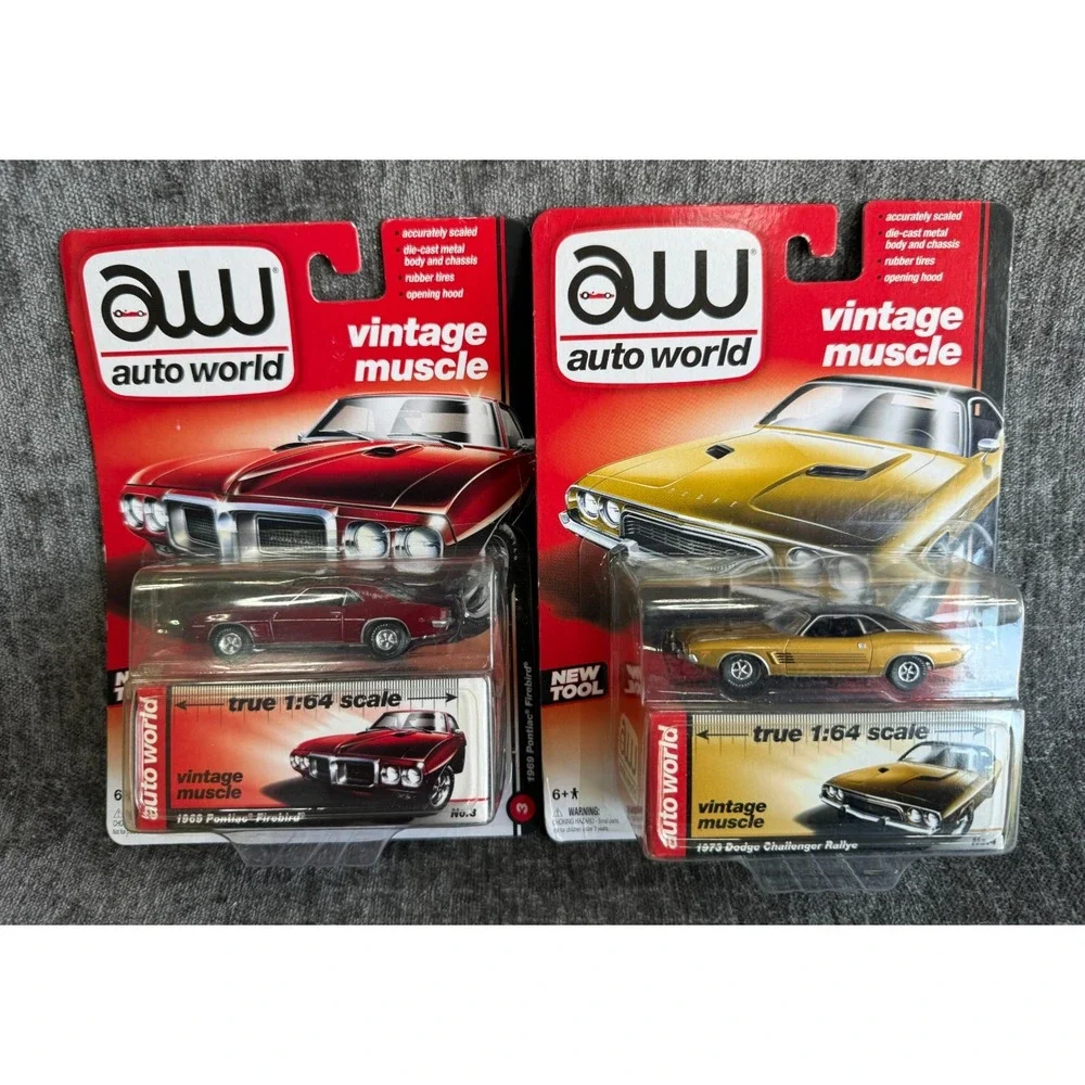Lot 2 Auto World 1/64 1969 Pontiac Firebird & 1973 Dodge Challenger Rallye NIP